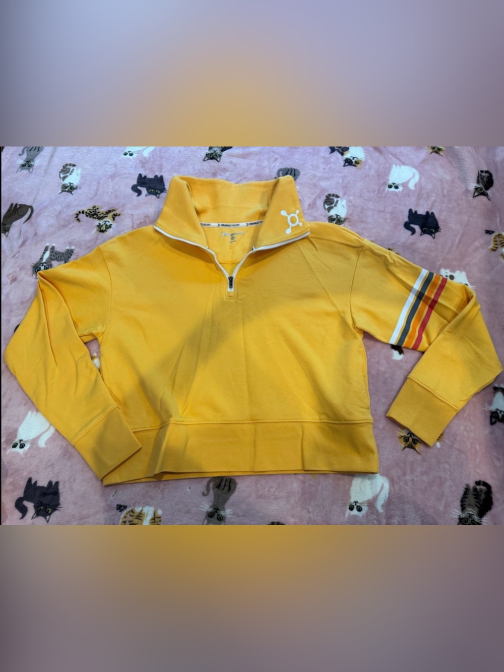 ORANGETHEORY🍊 Yellow Half-Zip Hoodie with Striped Sleeve Detail